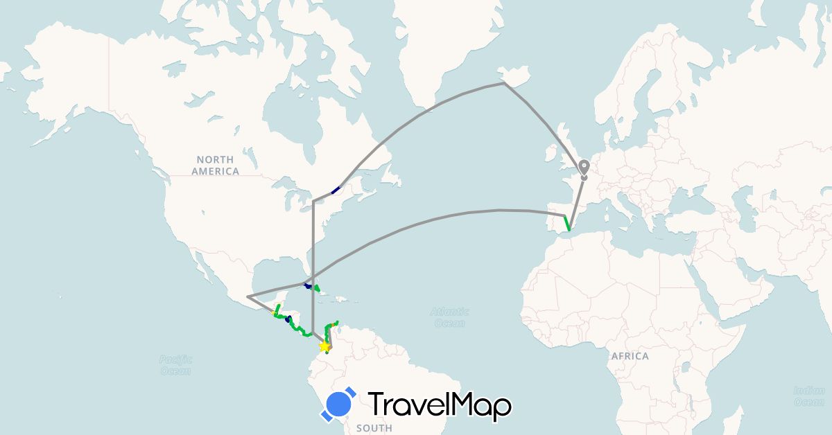 TravelMap itinerary: driving, bus, plane, cycling, hiking, boat, hitchhiking, motorbike, camion  in Canada, Colombia, Costa Rica, Cuba, Spain, France, Guatemala, Iceland, Mexico, Nicaragua, Panama, El Salvador (Europe, North America, South America)